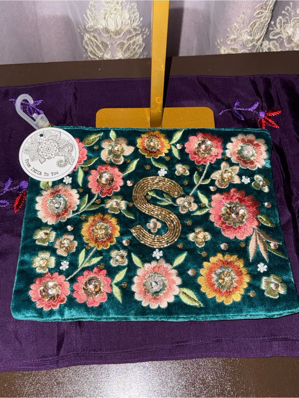 NWT From India To You Teal Velvet Floral Monogram S Clutch